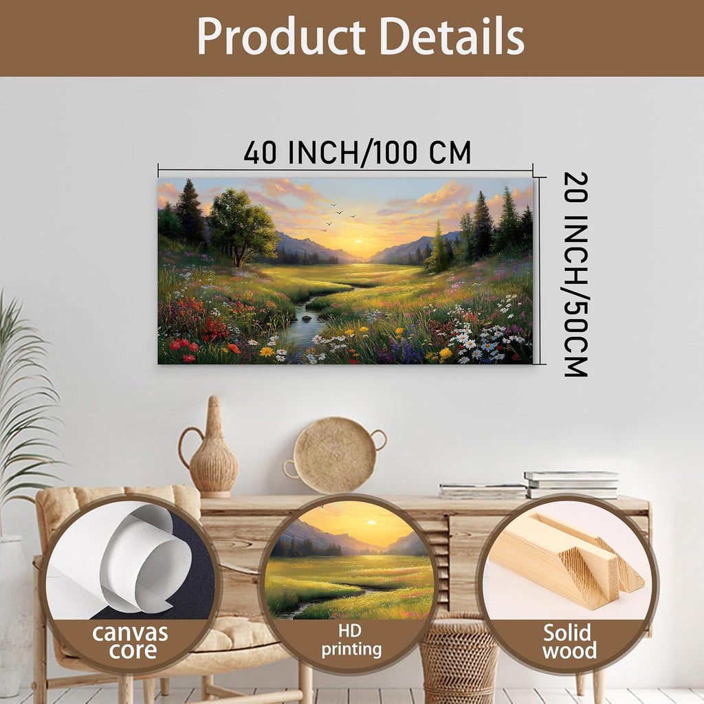 Large Green Landscape Canvas Wall Art Sunset Mountain Wildflowers Canvas Prints Nature Scenery Artwork Office Home