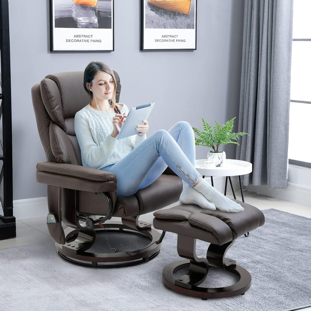 Modern Reclining Swivel Lounge Chair and Ottoman — Brown Faux Leather