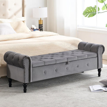 Storage Bench 67" Velvet End of Bed Benches Dark Grey | King Size Storage Bench with Rolled Arms Tufted Ottoman