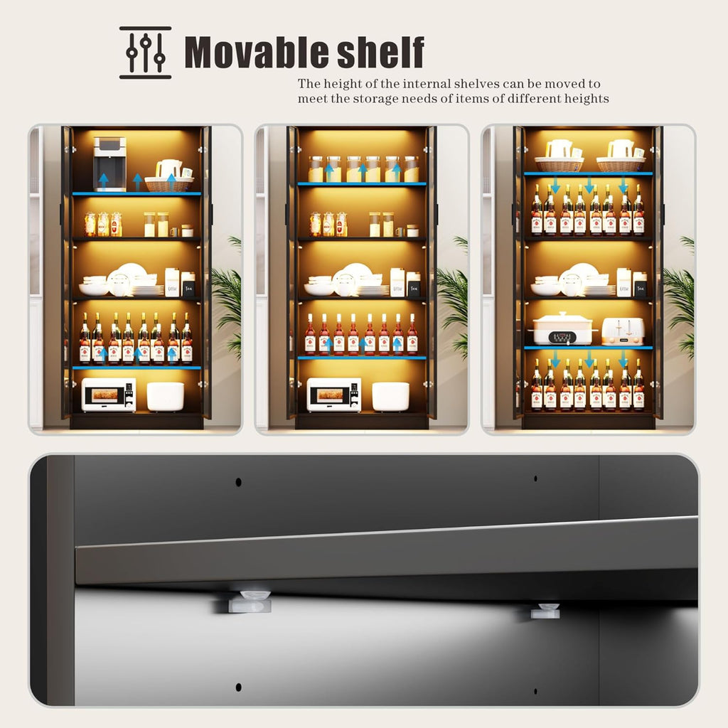 Display Cabinet with Doors and Adjustable Shelves, 65" Tall Bookcase with LED Lights/Human Sensor