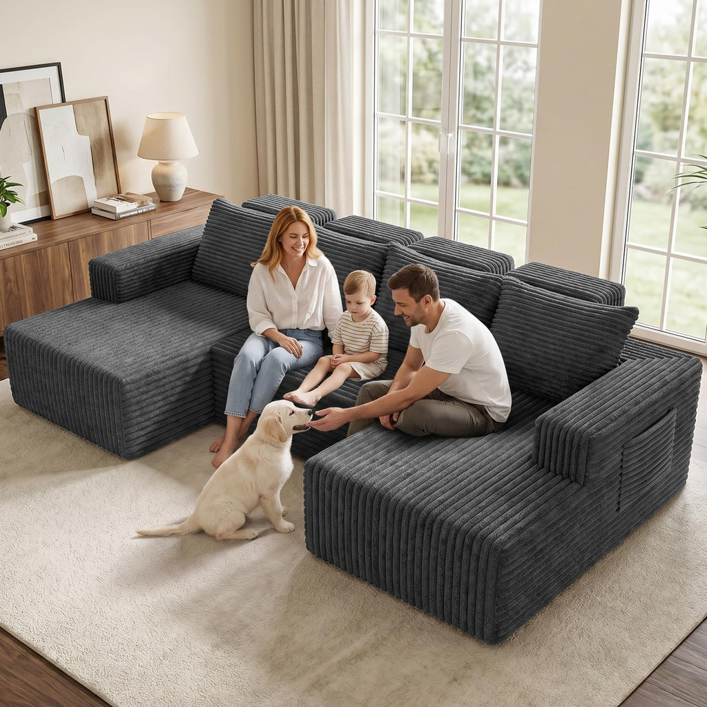 Boneless Couches 113" - Modular Sectional Sofa with Side Pockets U Shaped High Back Oversized Deep Seat Corduroy No