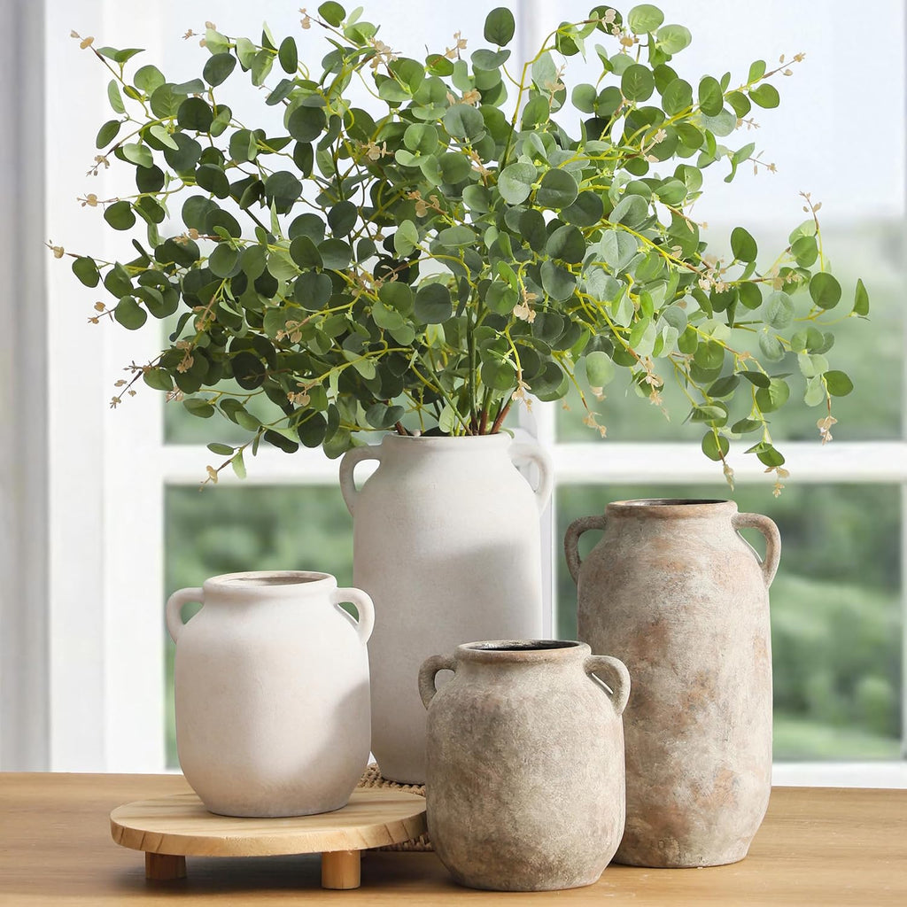 Ceramic Flower Vase Home Decor - 7.6 Inch Farmhouse Rustic Table Vases with Handle Living Room Decoration Decorative