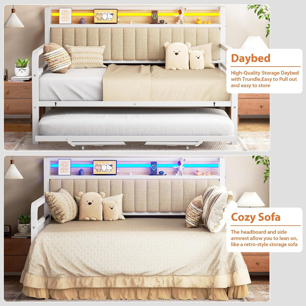 Daybed with Trundle and LED Light, Heavy Duty Metal Full Bed Frame with Upholstered Storage Headboard & Charging