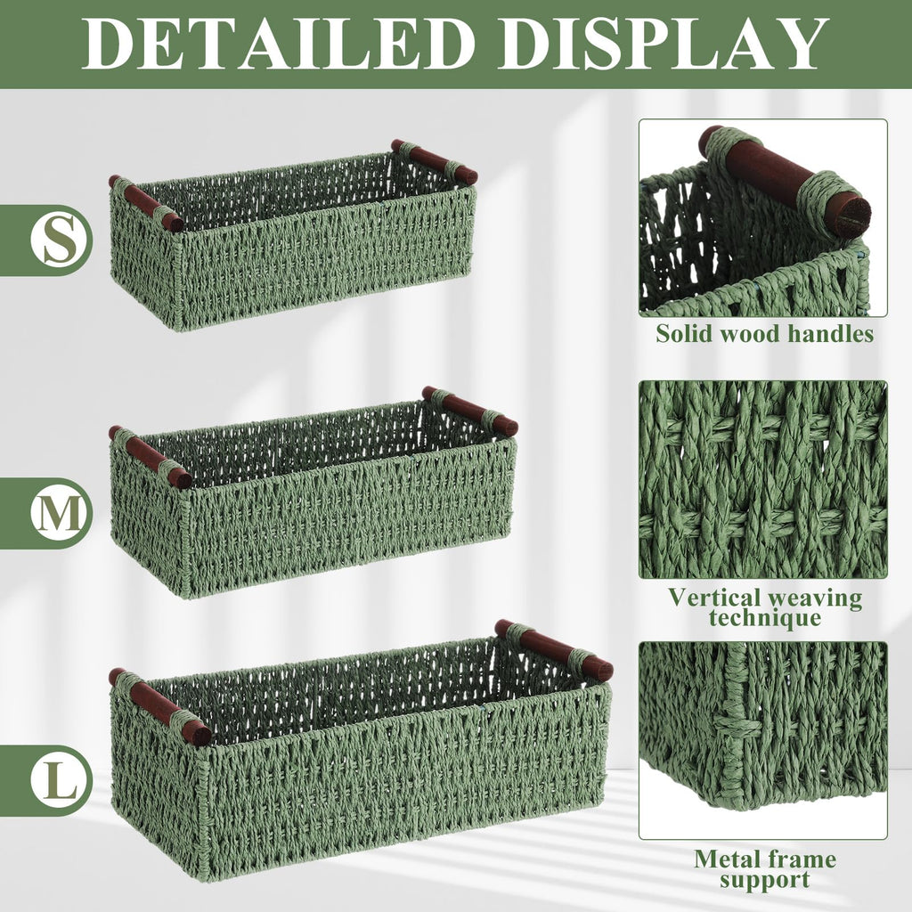 3 Pcs Boho Storage Wicker Baskets Handmade Woven Decorative Paper Rope Baskets for Organizing with Handle Countertop