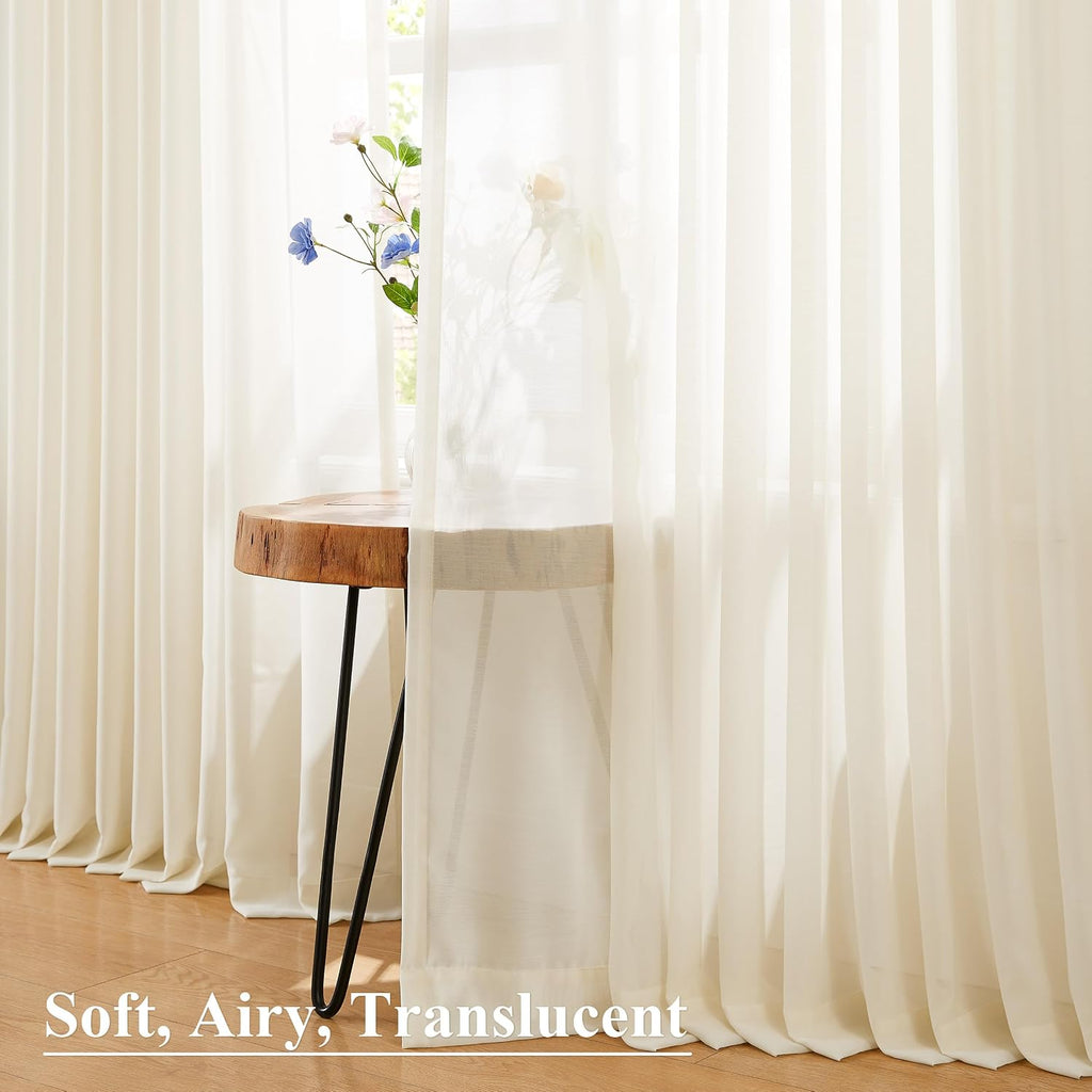 Cream Pinch Pleat Sheer Window Curtains, Egret Ivory Soft Farmhouse Drapes for Bedroom Living Room