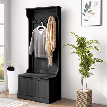 Hall Tree with Bench and Shoe Storage, 3-in-1 Entryway Bench with Coat Rack, 4 Hooks and Flip Top Storage