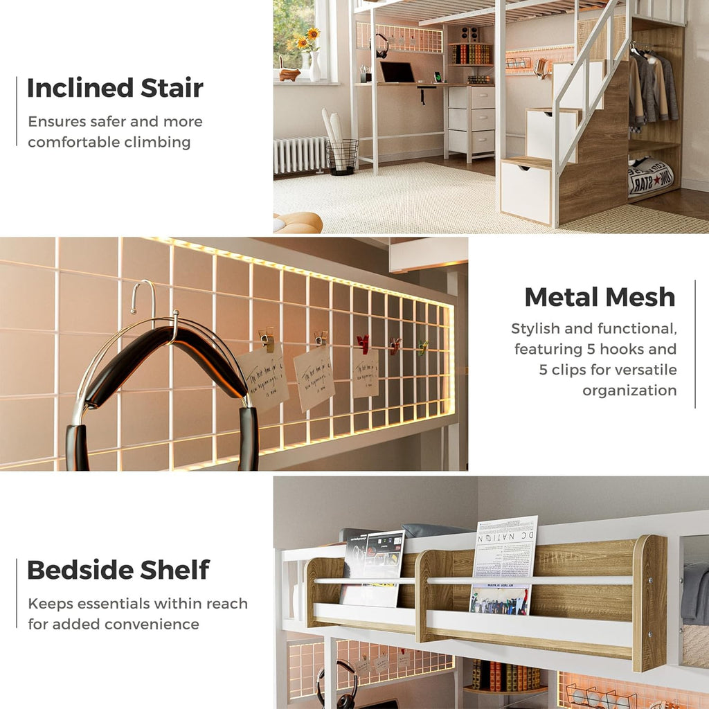 Twin Loft Bed with Desk, Storage Stairs & Wardrobe, Metal Loft Bed Frame w/Headboard, Bedside Shelf