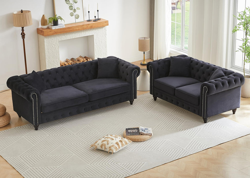 2 Piece Living Room Sofa Set, Velvet Button Tufted Couch and Loveseat Set with Nailhead Trim&Roll Armrests, Mid Century