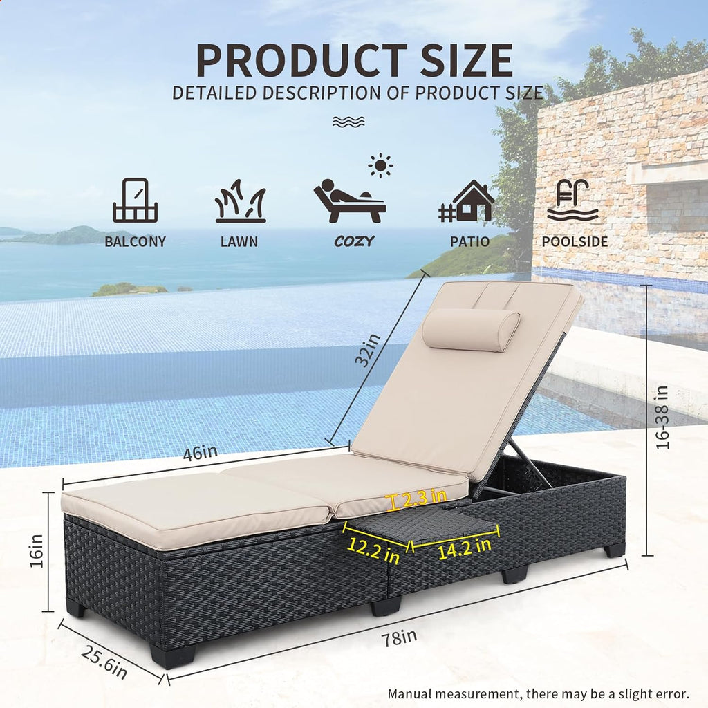 Outdoor Chaise Lounge Chairs for Outside Patio Furniture Set of 2 Wicker Recliner Black Rattan Sunbathing Lounger
