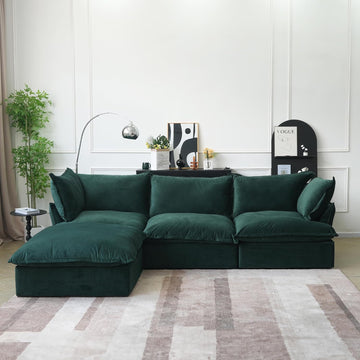 L-Shaped Modular Couches, Deep Seat Sectional Couch with Chaise Ottoman, Modern Comfy Cloud Sectional Sofas, Cushion Covers Removable, Two Corners and A Middle Sofa for Living Room (Green)