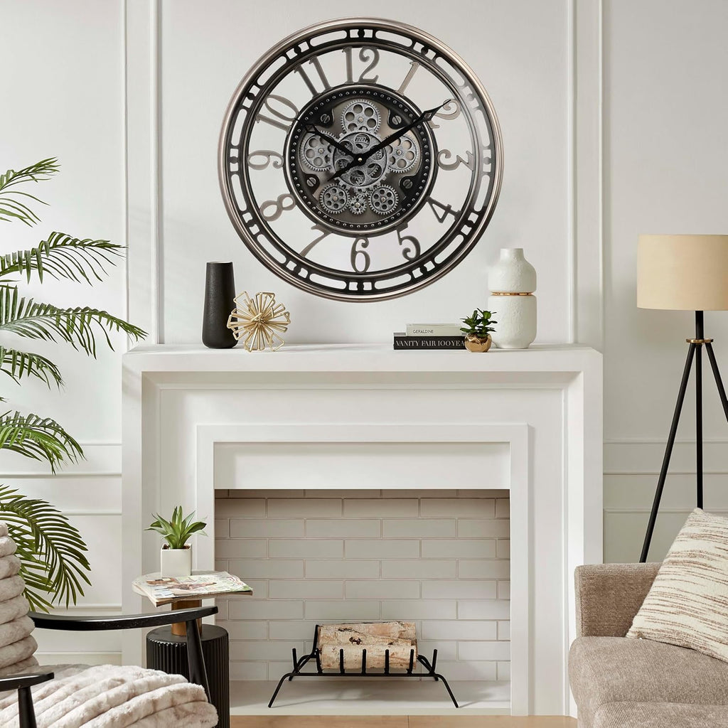 Inch Large Moving Gear Wall Clock,Industrial Steampunk Decor,Decorative Wall Clock for Modern Farmhouse Living Room Decor,Gunmetal...
