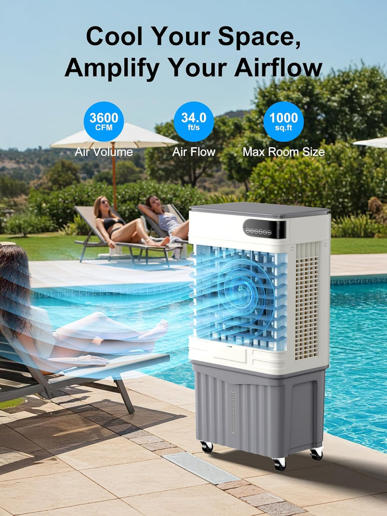 Swamp Cooler, 42 Inch Evaporative Air Cooler with 13.5 Gal Large Water Tank, 3600 CFM, 120° Oscillation