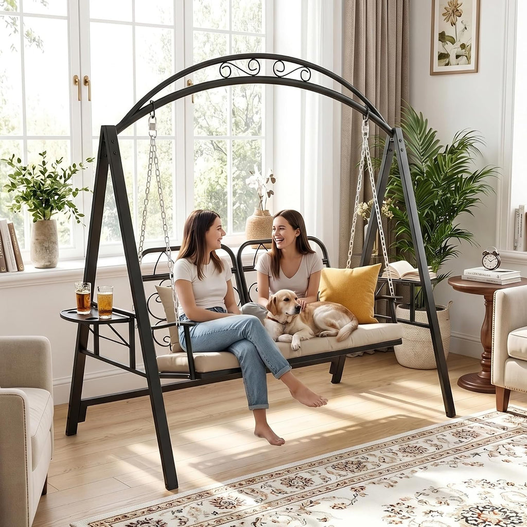 Porch Swing with Stand, 2-Person Metal Patio Swing with Cup Holder | Heavy-Duty Outdoor Swings Chair for adults with