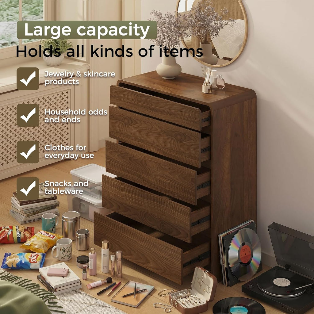 Mid Century Modern 5 Drawer Dresser with Organizer | Top Drawer with 6 Compartments, 45" Tall Chest of Drawers, 31.5"