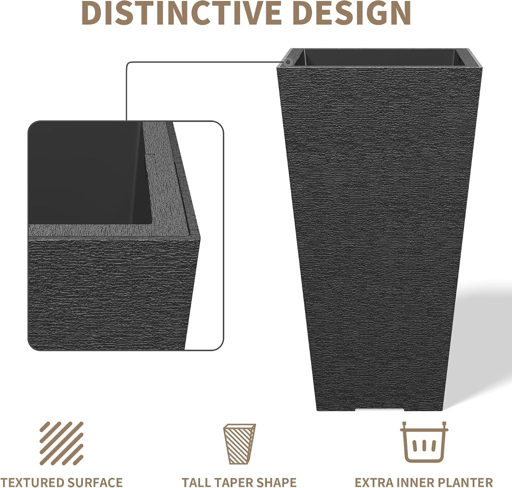 Set of 2 Black Square Planters 22.5" Tall Home & Outdoor | Tapered, Nursery Pot & Outer Cachepot, Indoor Use, Modern