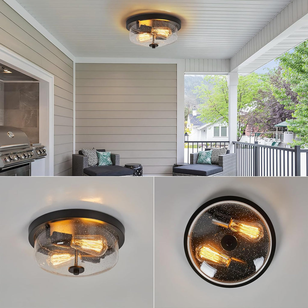 Black Flush Mount Ceiling Light Farmhouse Outdoor Porch Light Fixtures With Seeded Glass Shade