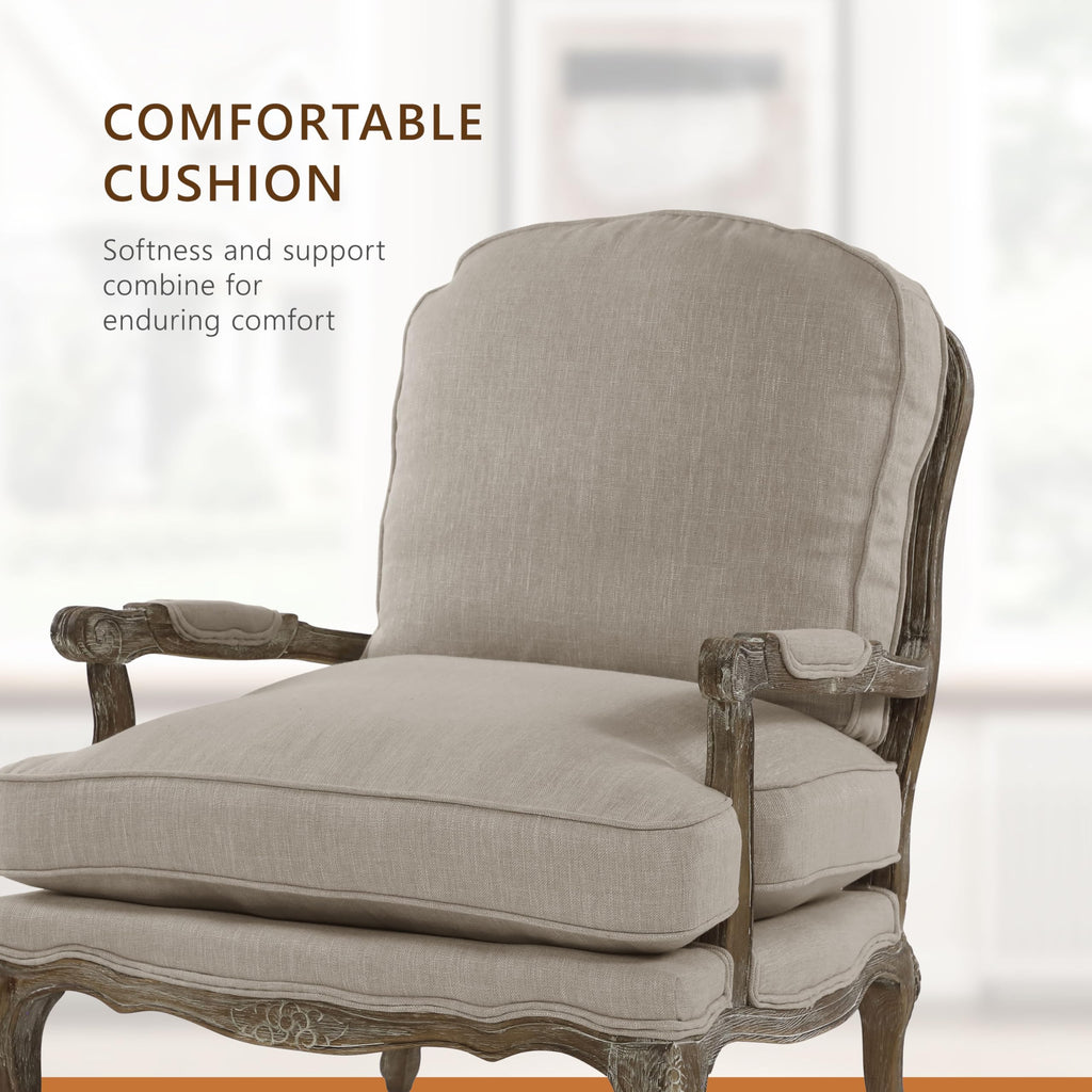 French Country Wood Accent Chair, Carved Frame, Neutral