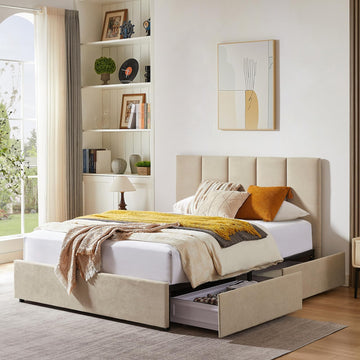 King Size Upholstered Storage Bed Frame with 4 Drawers, Modern Linen Platform Bed with Vertical Channel Headboard