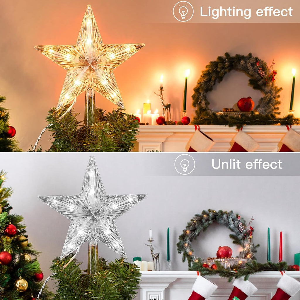 Christmas Tree Topper Lighted Star with Built-in 10 Replaceable Bulbs, 9.5" Clear Five-Pointed Star Tree Topper Plug