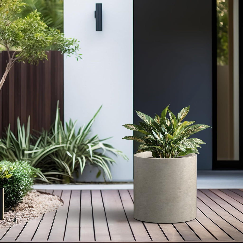 Large Round Cylinder Weathered Concrete Planter 15.8" Tall, Outdoor | Rubber Plug for Indoor, Drainage for Garden