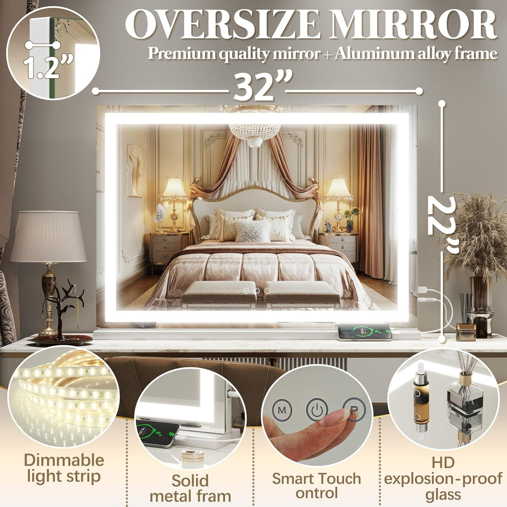 Vanity Mirror with Lights 32"x22", Lighted Makeup Mirror, Large Vanity Mirror, Touch Sensor with 3-Color Lighting, USB