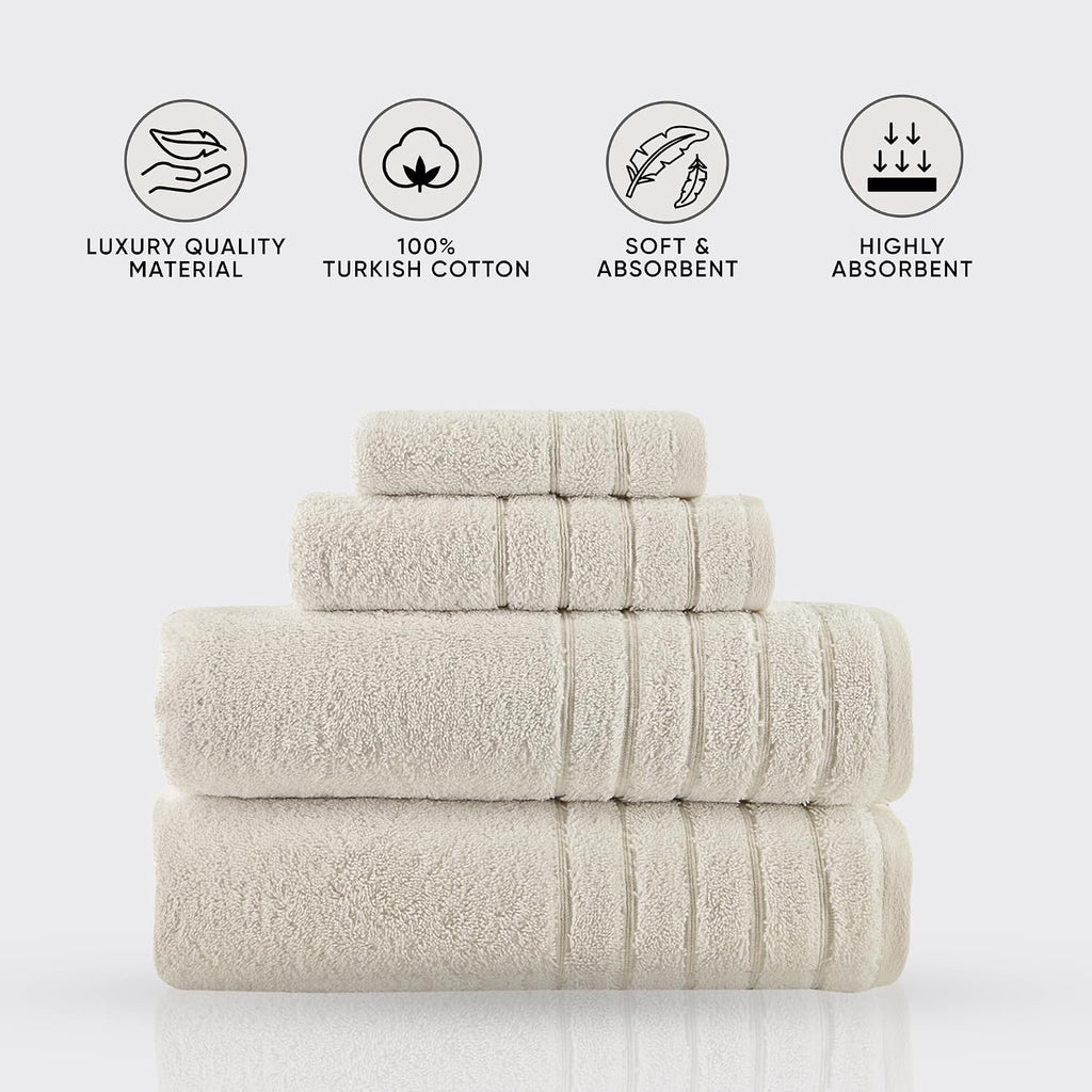 Luxury 4 Piece Towels Set, Made with 100% Turkish Cotton, Highly Absorbent & Comfy, Includes 2 Bath Towels, 1 Hand