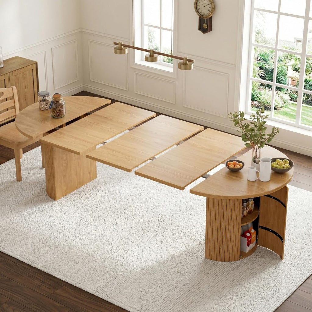 43-95 Inch Oval Extendable Dining Table for 4-10, Fluted Space Saving Long Round Kitchen Table with 3 Leaf, 2