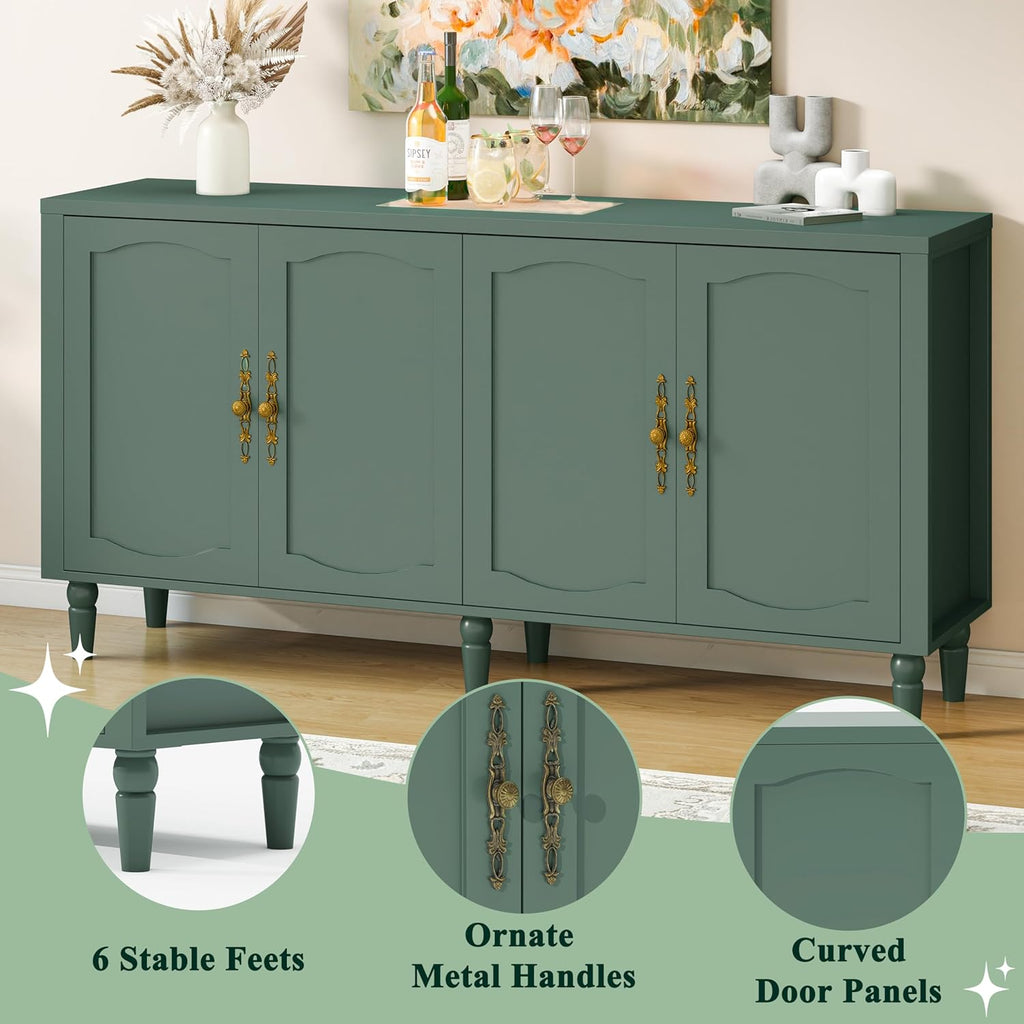 63" Sideboard Buffet Cabinet with Storage, Mid Century Modern Credenza with Adjustable Shelves & Carved Handle