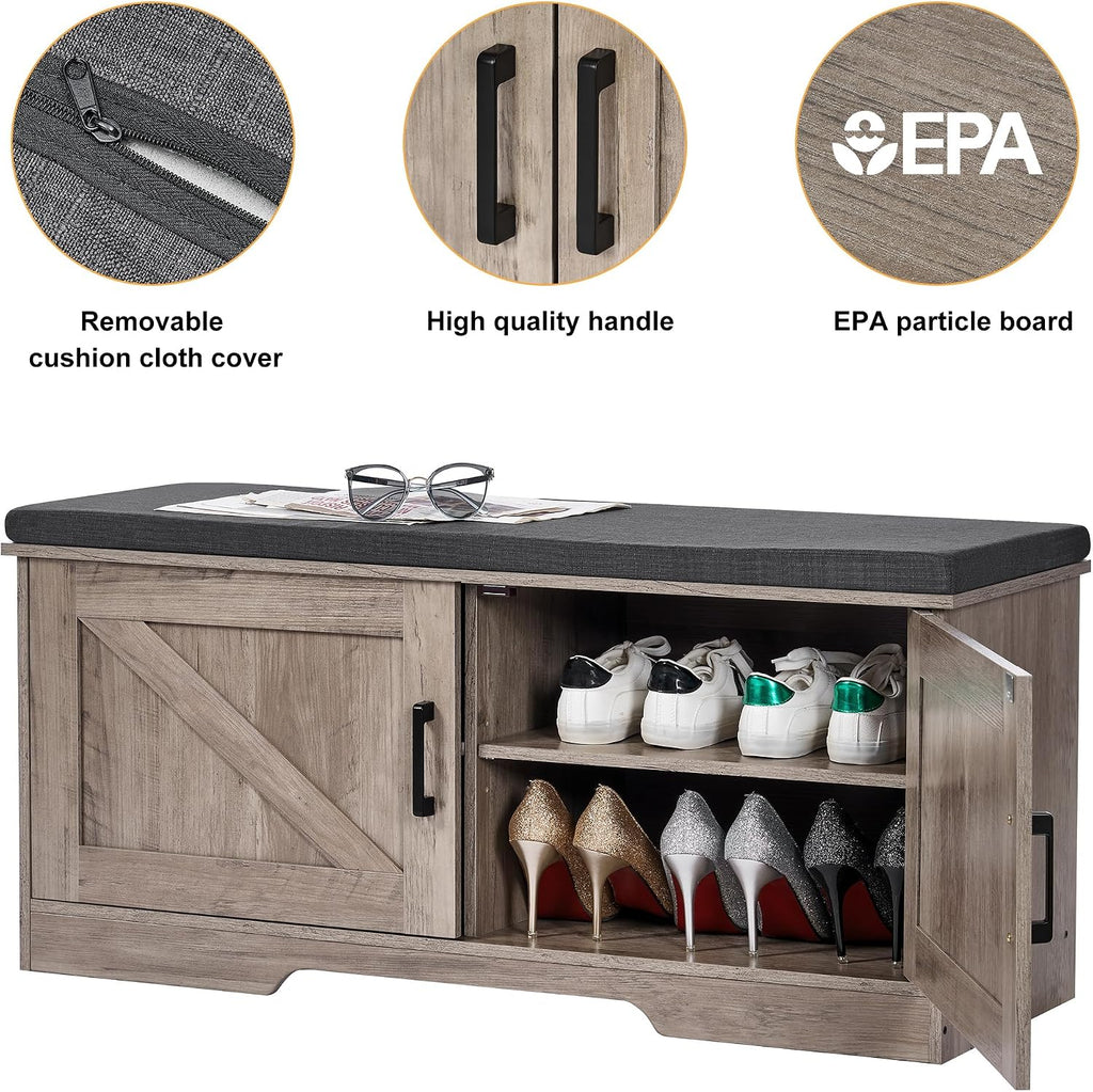 Farmhouse Shoe Storage Bench with 2 Barn Doors & Padded Seat Cushion | 39.4" Wide Entryway Bench with Adjustable