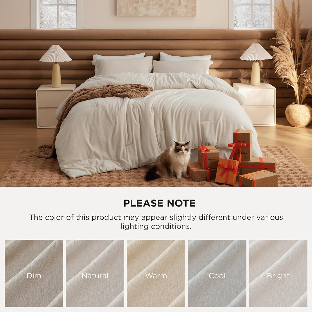 Comforter Set - Beige Soft Bedding for All Seasons, Cationic Dyed Bed Set, 3 Pieces