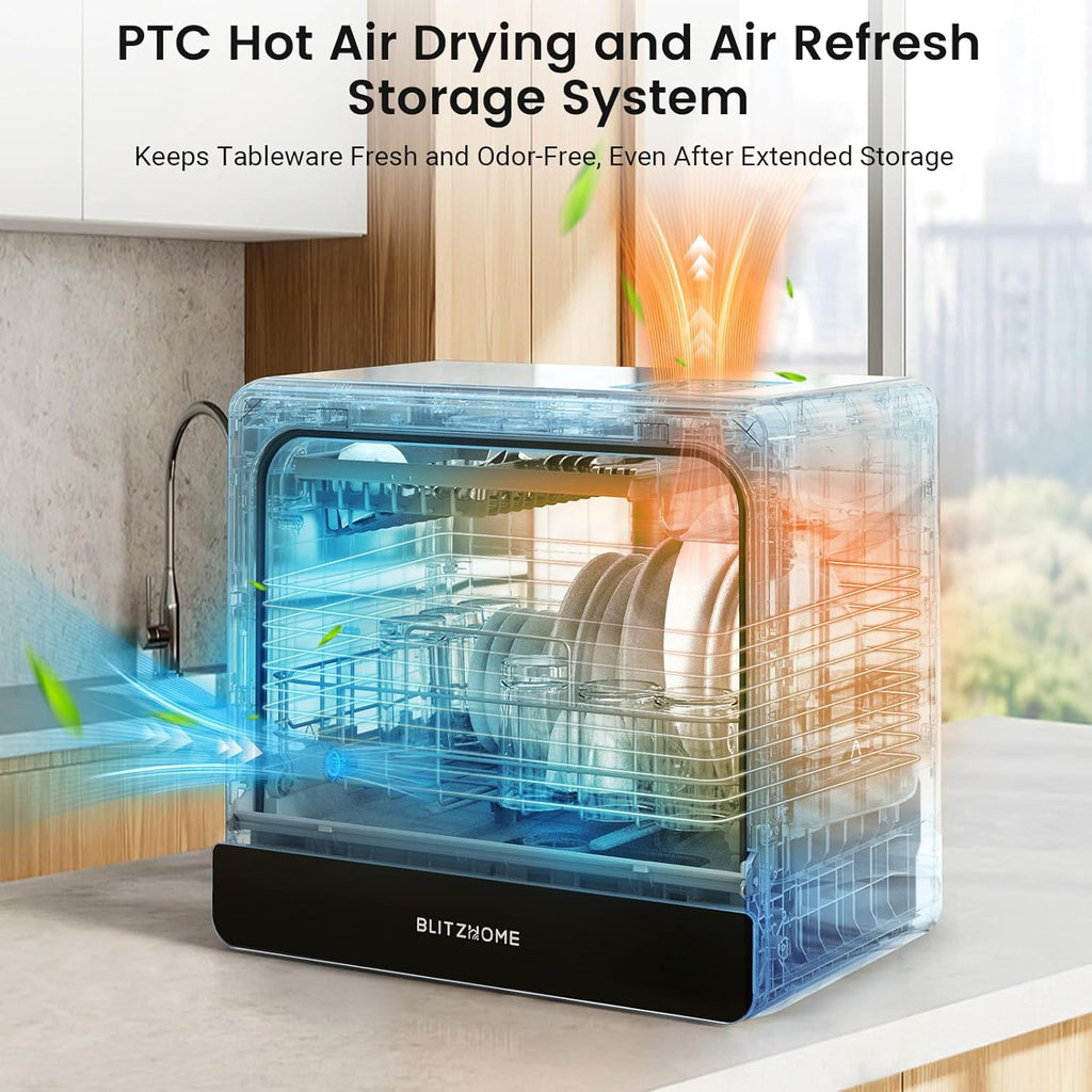 Countertop Portable Dishwasher, 9 Programs, 167℉ High-Temp, 360° 3 Spray, 24H Timing, Hot Air Drying, Air Refresh