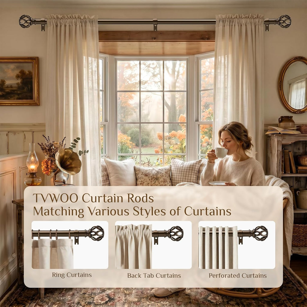 Bronze Decorative Farmhouse Curtain Rods:18-45 Inch Adjustable Heavy Duty Single Window Curtain Rod Living