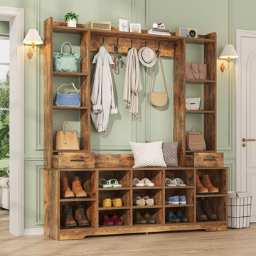 61.6" Farmhouse Hall Tree with 2 Independent Drawers, 6-in-1 Entryway Bench with Coat Rack Adjustable Shoe Storage for