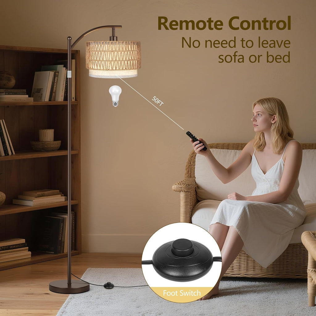 Arc Floor Lamps, Boho Farmhouse Floor Lamp with Remote & Dimmable Bulb, Standing Lamp with Rattan & Fabric Shades