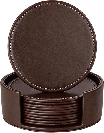 Round Leather Coasters for Drinks with Holder, 4" (Brown) - Set of 6