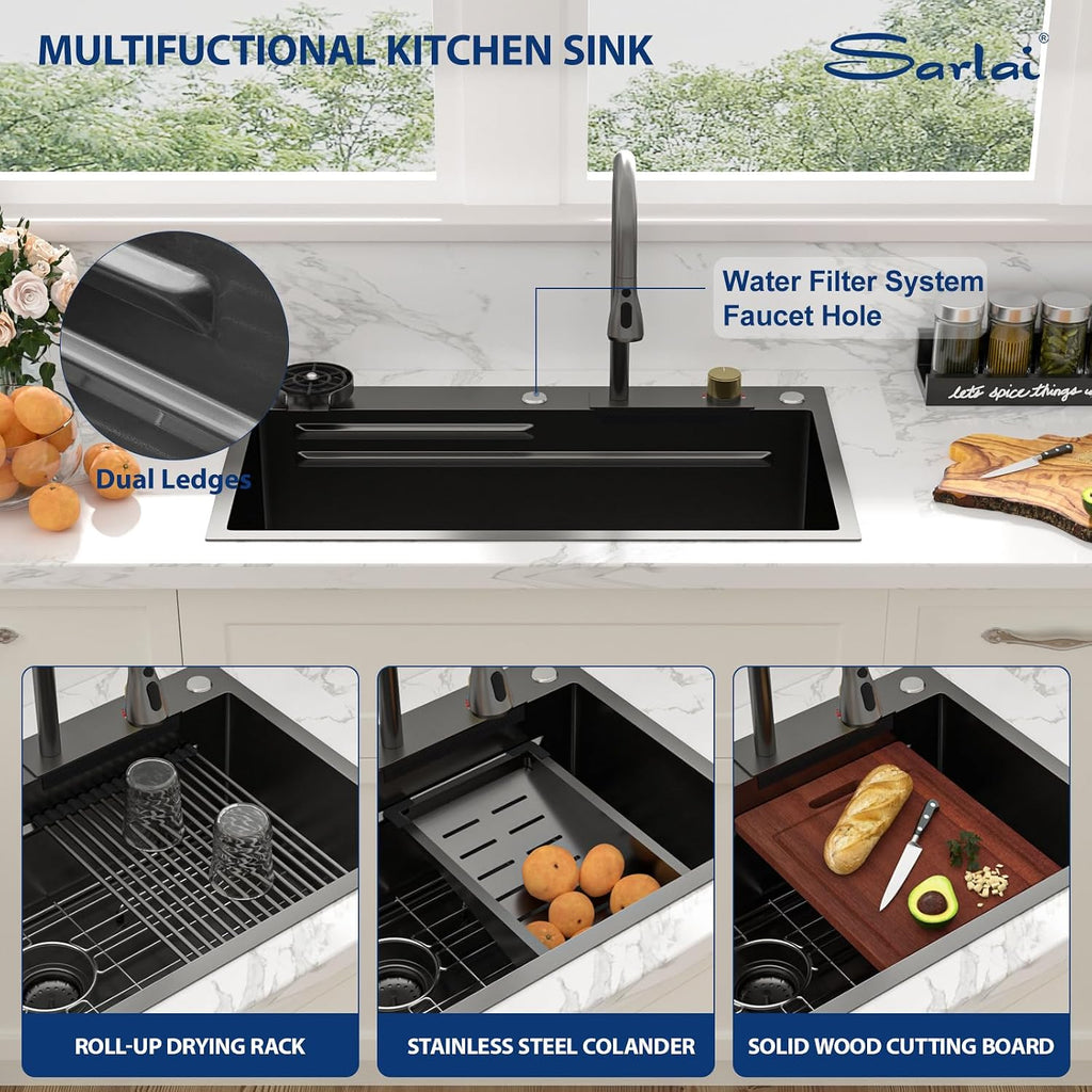 33 Inch Waterfall Kitchen Sink - 33x19 Black Waterfall Drop In Sink Workstation Stainless Steel 16 Gauge Sink