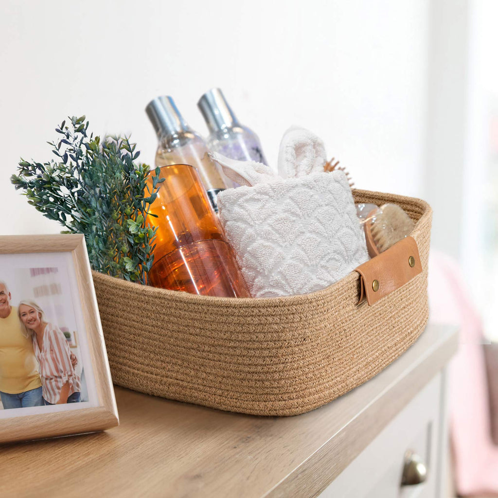 Large Woven Rope Gift Basket with Leather Handles, 20L, Jute