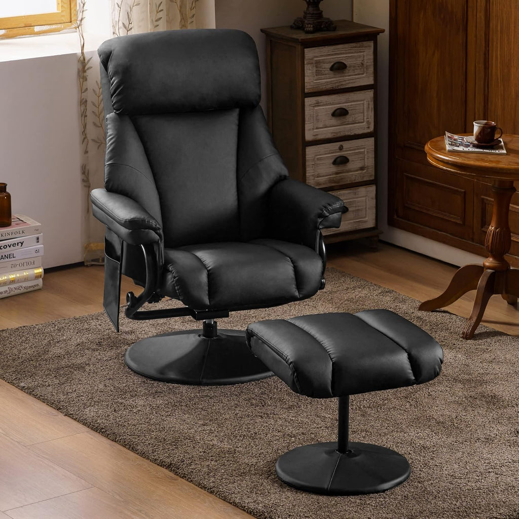 Modern Reclining Swivel Lounge Chair and Ottoman — Black Faux Leather