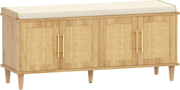 Rattan Shoe Storage Bench with Cushion, 2-Tier Entryway Bench with Adjustable Shelves and 4 Doors, 15" D x 47.2" W x