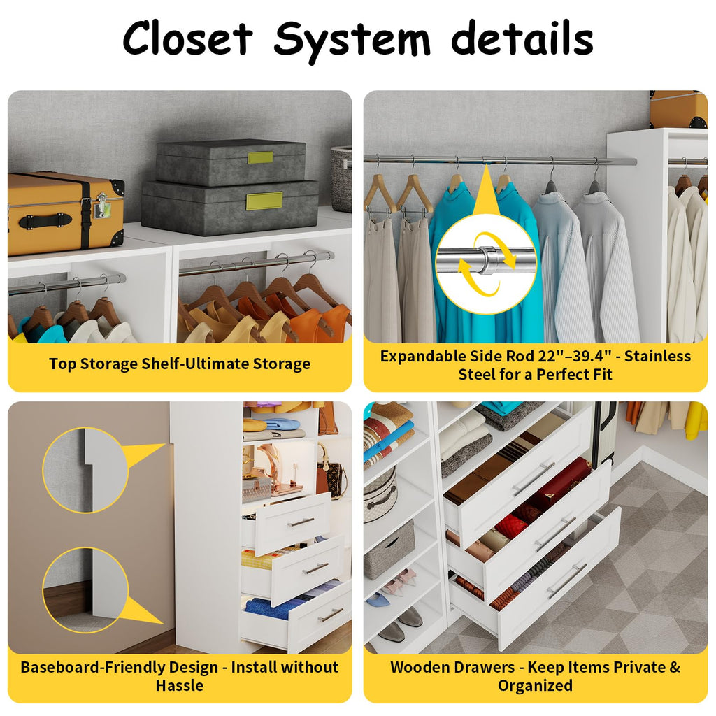 Closet System with 9 Drawers, Corner Closet Organizer System with 9 Hanging Rods Walk in Wooden Modular Closet