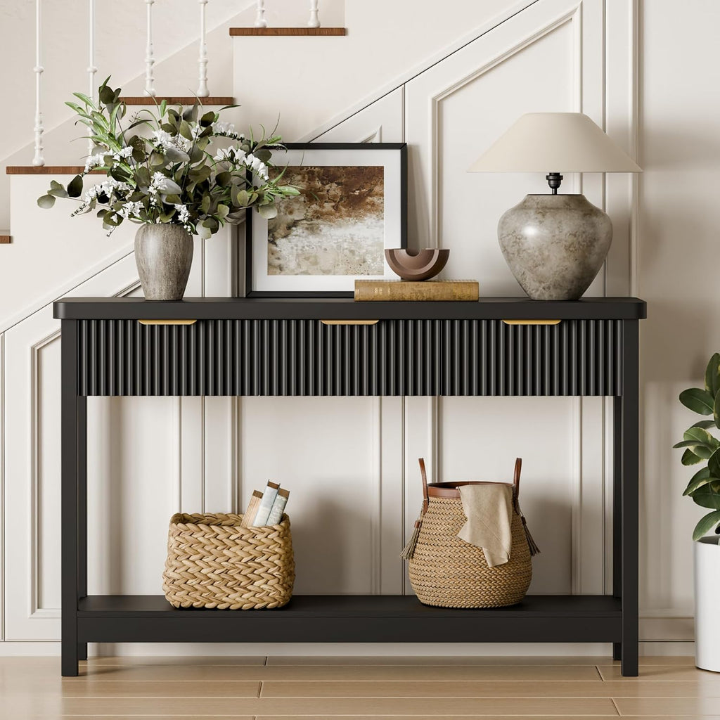 Fluted Console Table, 51 Inch Entryway Table with 3 Drawers | Scandi farmhouse look with quiet full-extension slides