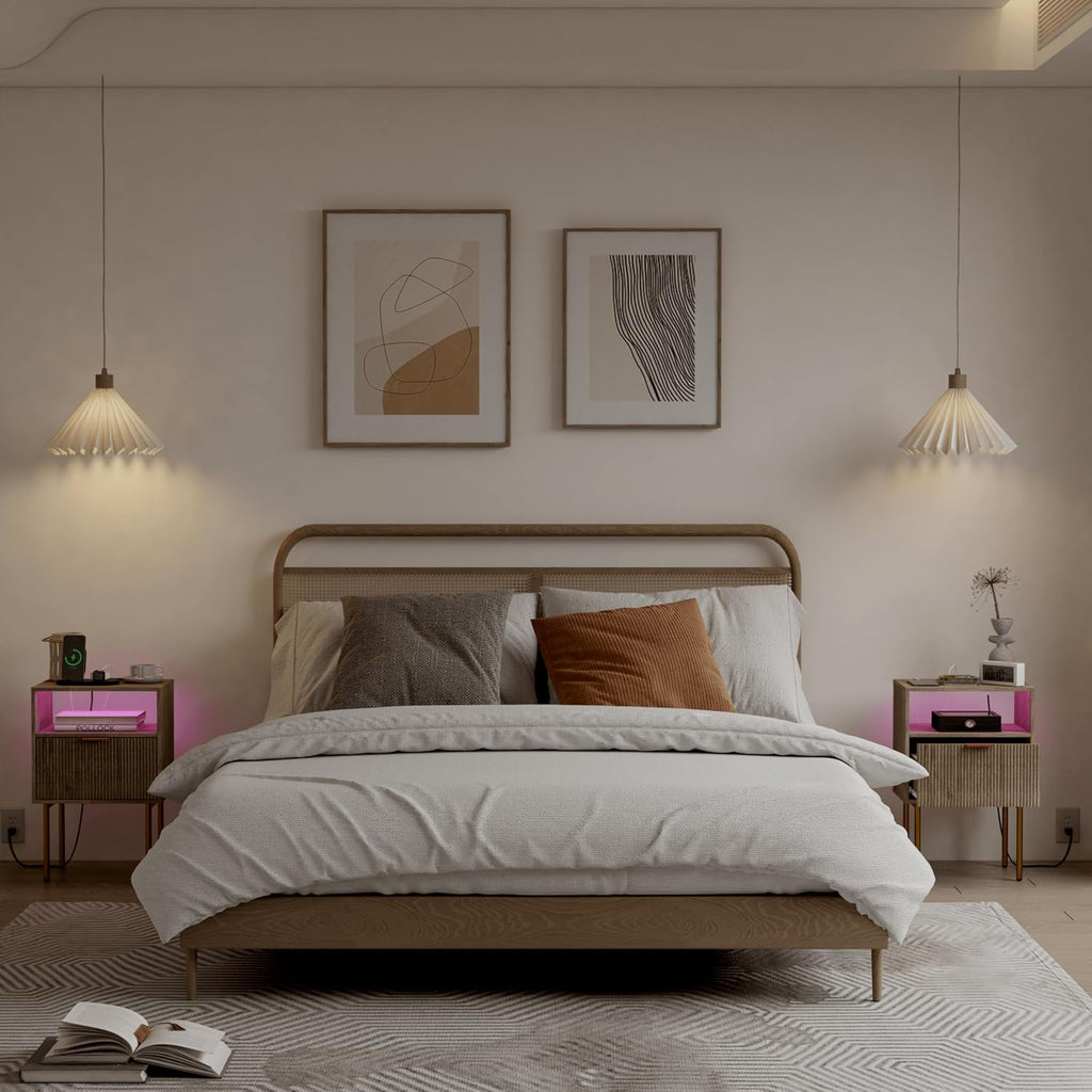 Modern Nightstand with Charging Station and LED Lights, White Bedside Table with Drawer, Fluted Side Table