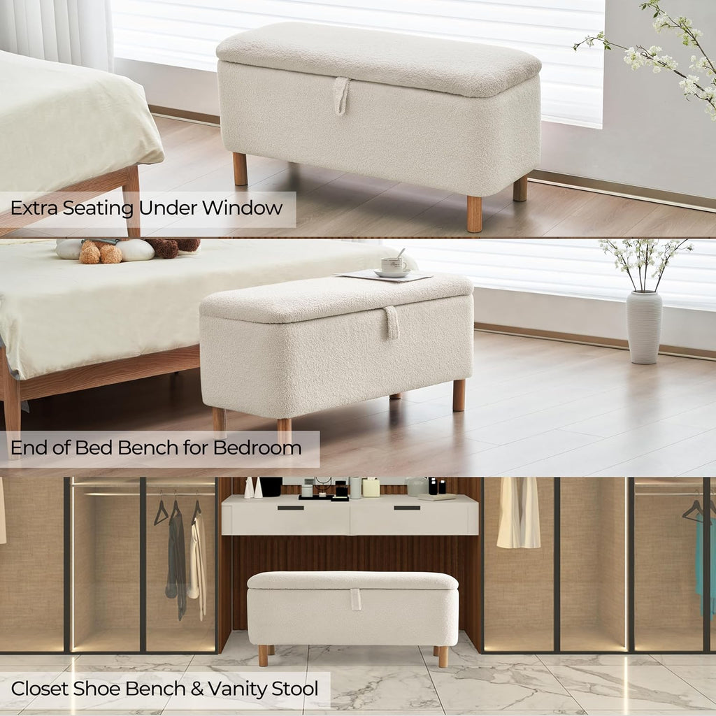 Boucle Storage Ottoman Bench end of Bed, Sherpa Upholstered Shoe Seat Storage Bench Bed Foot, Rectangle Cushion