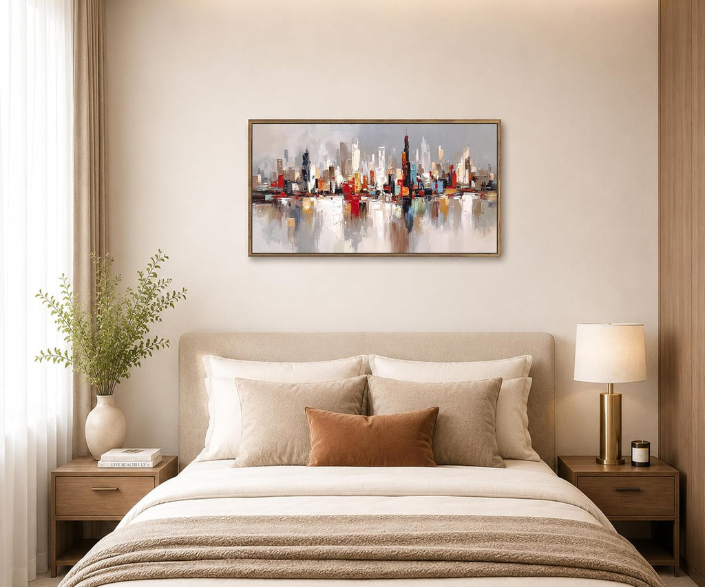Large Modern Cityscape Wall Art, Framed Abstract Skyline Canvas Artwork, Contemporary Urban Decor Bedroom Office