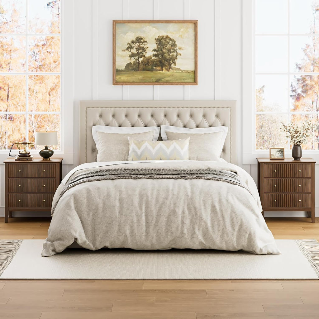 Night Stand, Fluted 3 Drawer Wide Farmhouse Nightstand with Gold Handle, Larger Wider Modern Bedside End Table