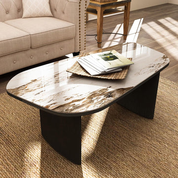 Luxury Marble Coffee Table, Premium Sintered Stone Top, Natural Wood Look Base, Modern Design Stone Cocktail Table, Ma