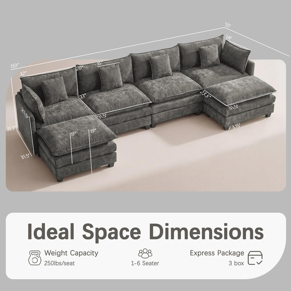 Modular Sectional Sofa 133" Oversized Cloud Couch with 2 Ottoman