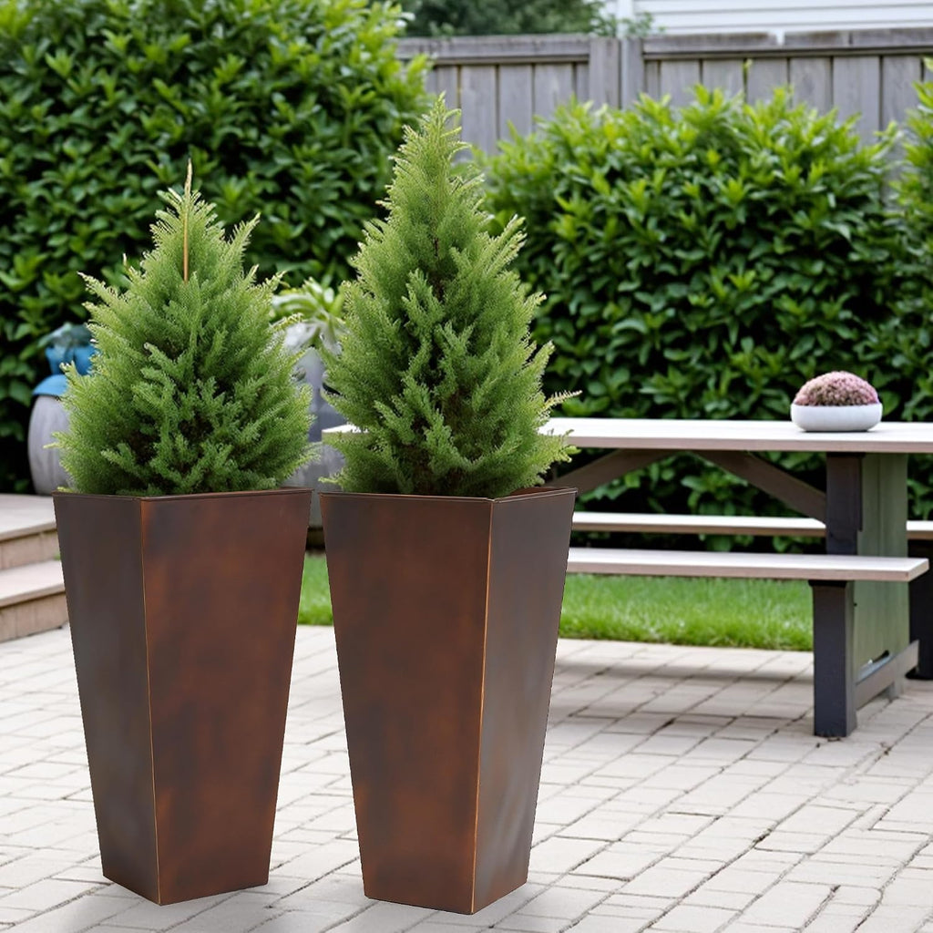12" Dia x 28" H Large Metal Planter Set of 2, Matte Bronze Retro Finish Tall Square Tapered Steel Plant Pots, Decor