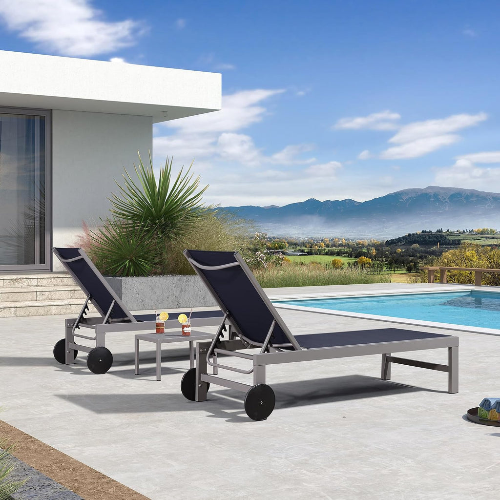 Patio Lounge Chair Set for 2, All Weather Aluminum, Navy Blue | Powder-coated aluminum holds 270 lbs, quick-dry