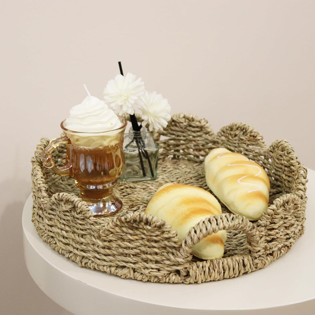 Seagrass Scalloped Tray with Handles,Round Rattan Serving Trays for Coffee Table,Woven Tray for Ottoman Decorative